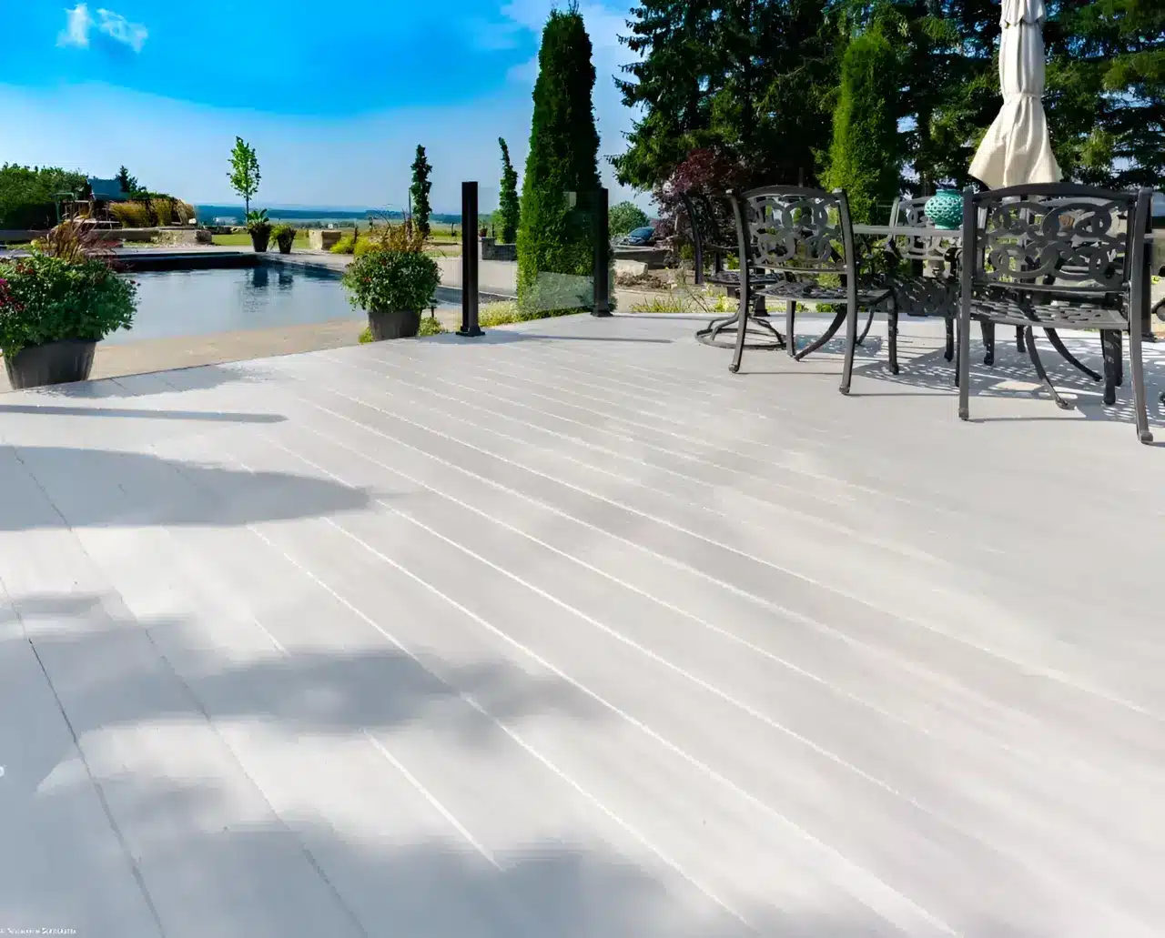 A wide-angle view of light grey AlumaDeck planks installed on a large outdoor deck featuring black metal patio furniture and a swimming pool in the background.