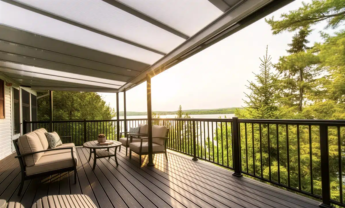 A multi-level wooden deck with a white-framed Hybrid patio cover integrated alongside a glass-enclosed sunroom.