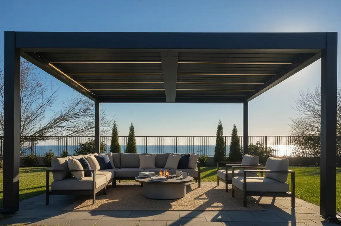 A sleek black pergola shading a modern outdoor lounge area with a sectional sofa and fire pit, overlooking the ocean at sunset.