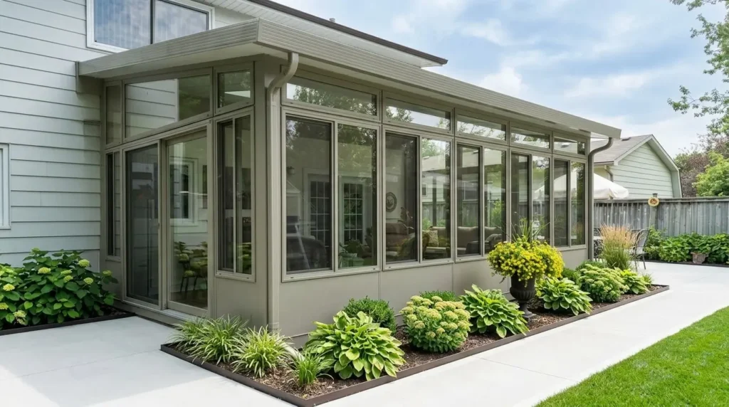 The Sunspace Model 300 3-Season Sunroom features high-quality glass panels to extend your living space and provide a clear, protected view of the outdoors.
