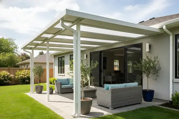 White hybrid patio cover sheltering an outdoor lounge with wicker sofas.