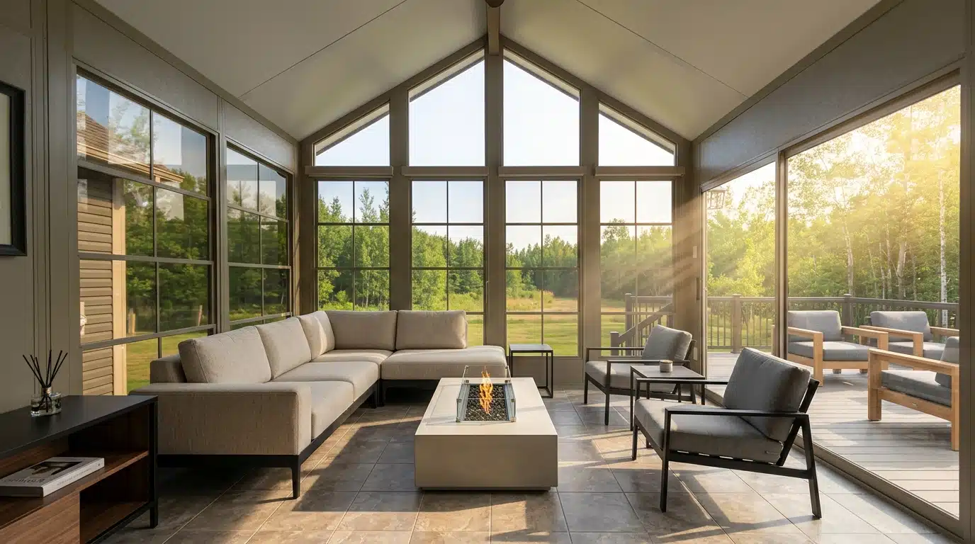 A modern Sunspace Model 200 Gable Sunroom with vinyl WeatherMaster windows, featuring a neutral sectional sofa, fire table, and a view of a lush forest.