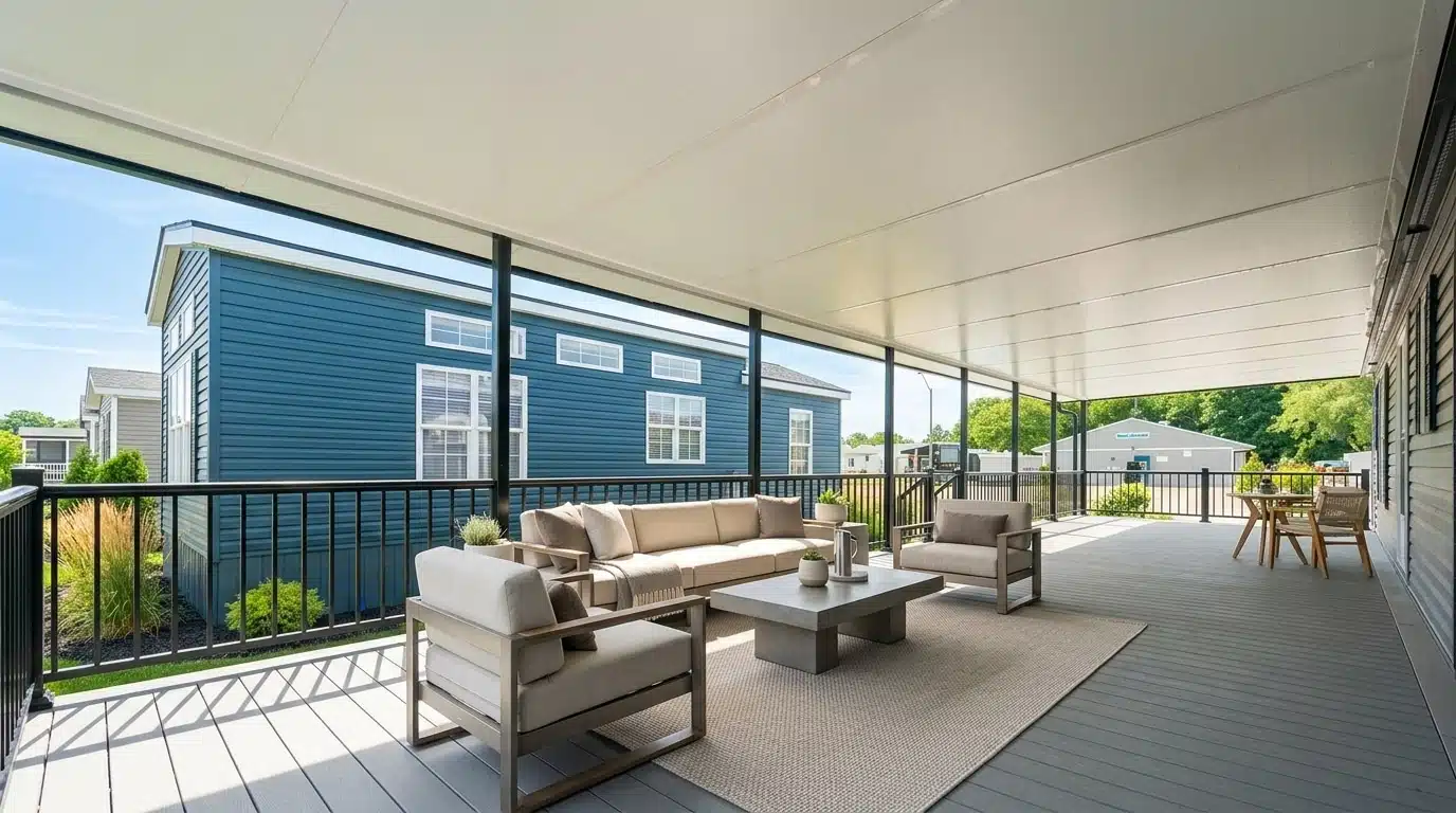 A large grey deck featuring a Sunspace solid insulated patio cover with black support posts and railings, styled with a modern outdoor sofa and coffee table.